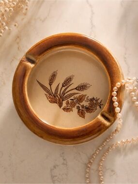 Vintage Handmade Ceramic Ashtray | Brown Drip Glaze | Wheat Botanical Design
